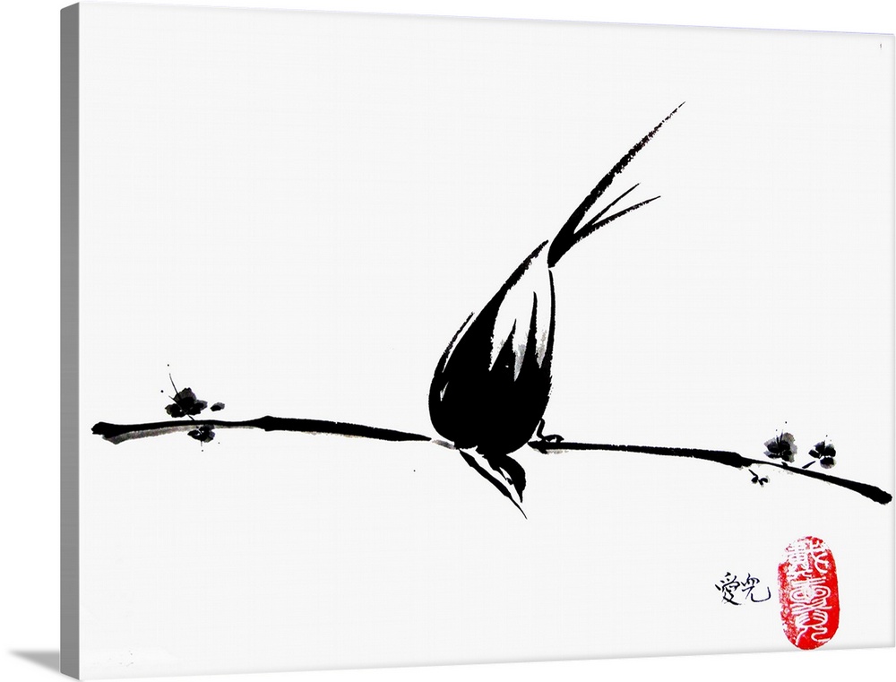 Chinese ink and wash painting done on thin Xuan Paper of a bird and flowers.