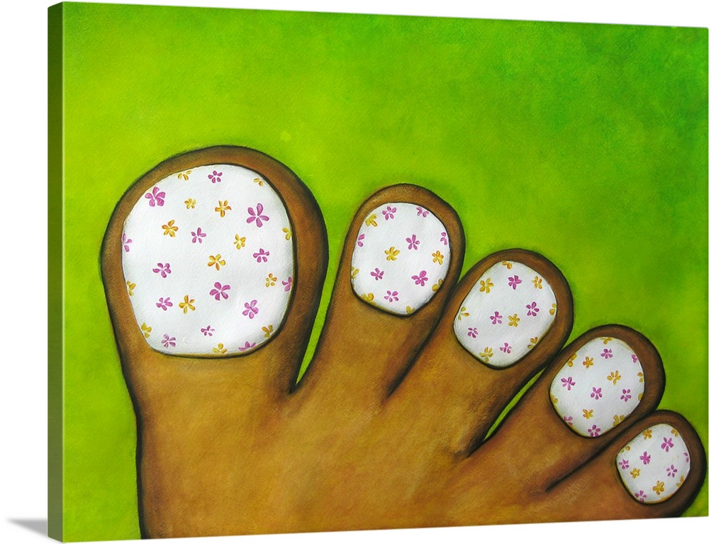 Painting of a foot with white painted toenails with small yellow and pink flowers painted on top.