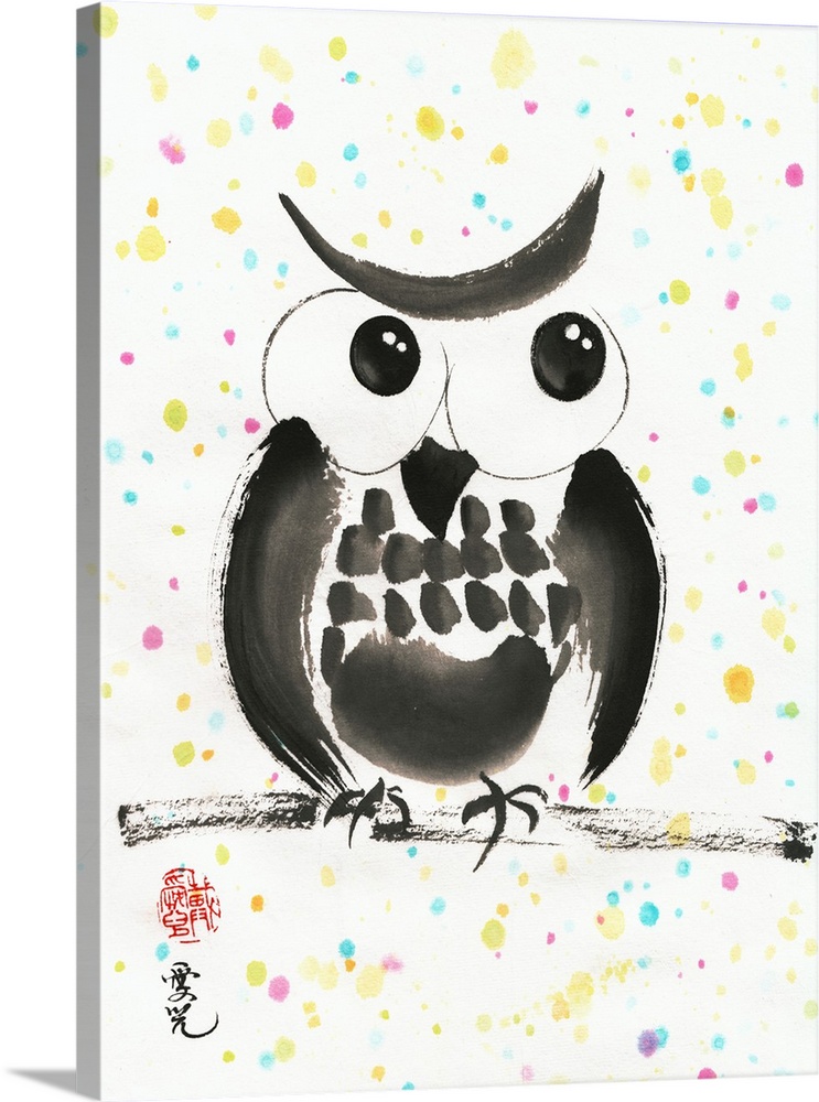 Whimsical painting of an owl on a branch with colorful polka dots in the background.