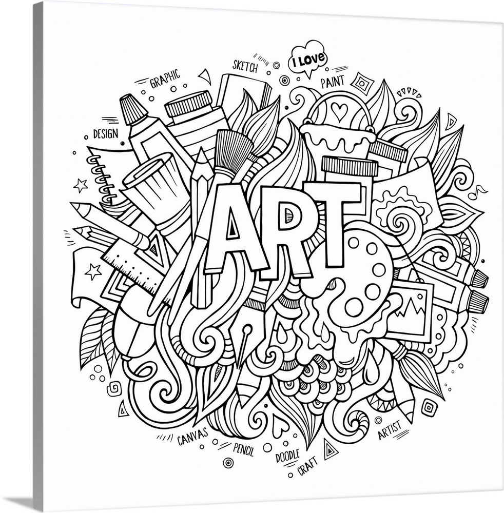 A collection of art supplies such as brushes and pens surrounding the word "Art." Perfect for Coloring canvas.