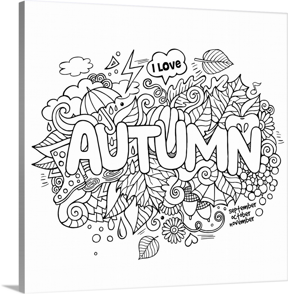 A collection of fall elements such as leaves and pumpkins surrounding the word "Autumn."  Perfect for Coloring Canvas.