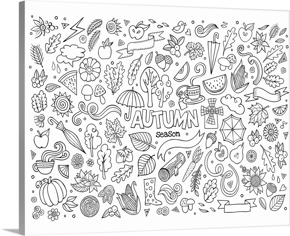 Sketchy vector hand drawn Doodle cartoon set of objects and symbols on the autumn theme. Perfect for Coloring Canvas.