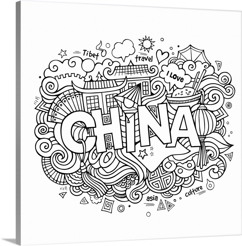 An assortment of objects celebrating China, such as fans and lanterns. Perfect for coloring canvas.