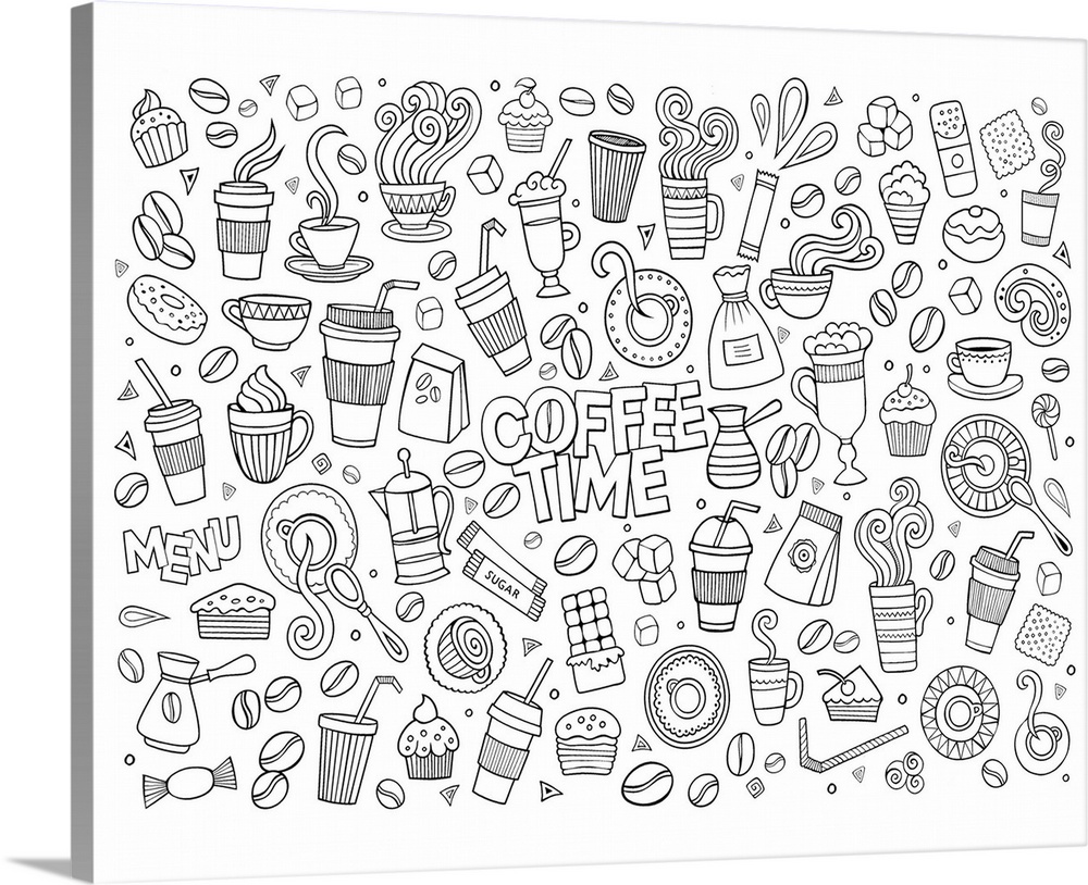 A collection of coffee-themed objects such as mugs and beans, surrounding the words "Coffee Time." Perfect for coloring ca...