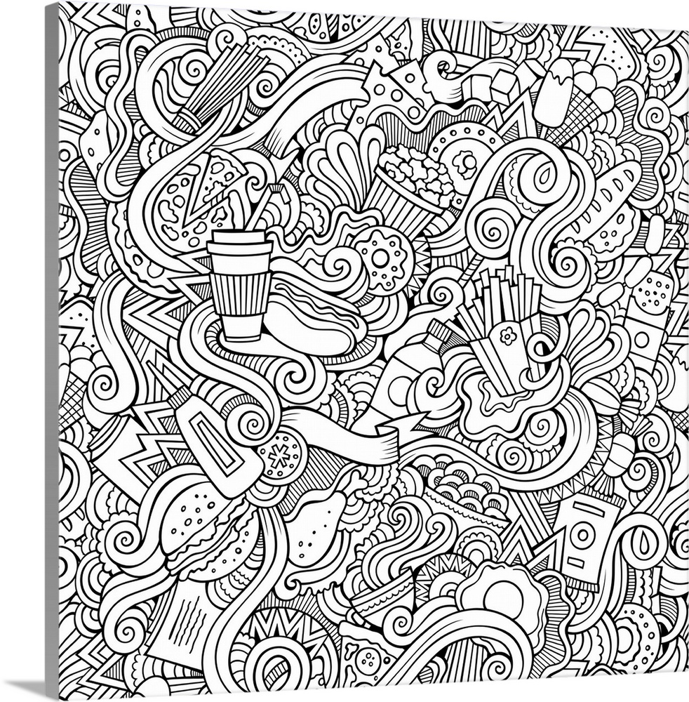 A design featuring several junk food items, including fries, burgers, and soda. Perfect for Coloring Canvas.