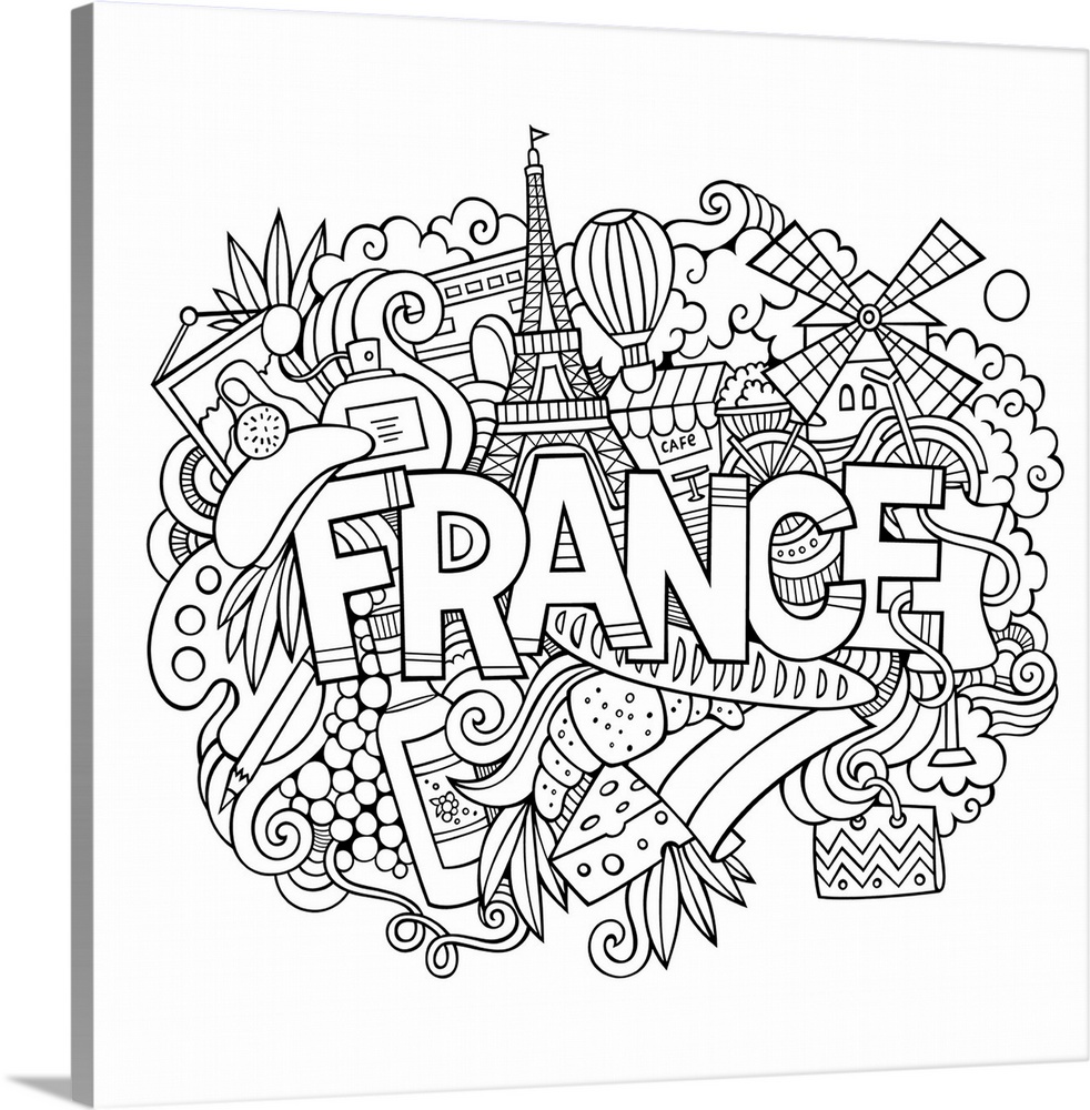 Several French-themed objects, including the Eiffel Tower and pastries, surrounding the word "France."