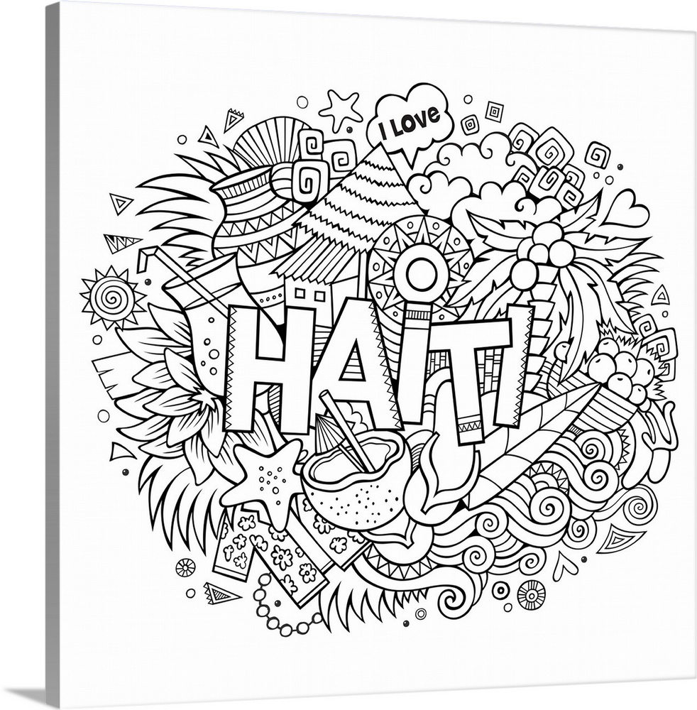 As assortment of tropical and Haitian-themed objects surrounding the word "Haiti."