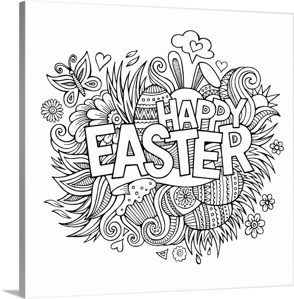 Easter-themed design with bunny ears and decorated eggs. Perfect for coloring canvas.