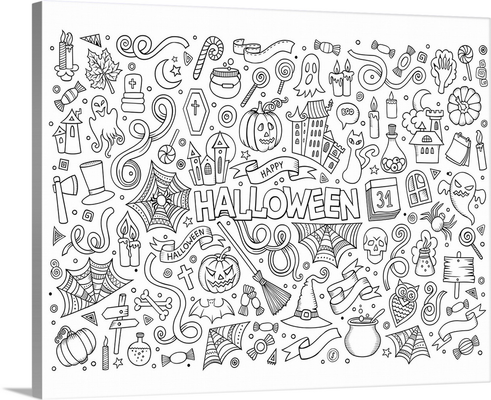 An assortment of spooky Halloween-themed doodles, such as jack-o-lanterns and spiderwebs. Perfect for Coloring Canvas.