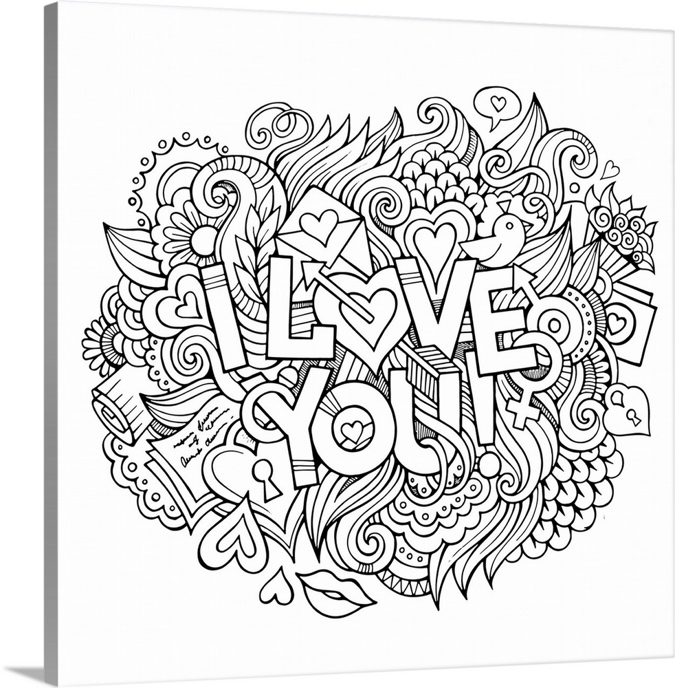 Romantic design featuring hearts and swirls, surrounding the words "I Love You!"