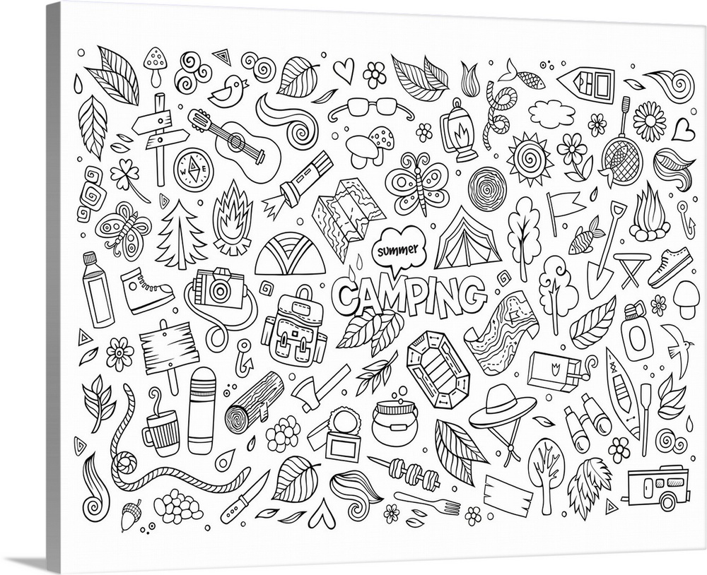 An assortment of camping-themed objects, including trees and maps, surrounding the word "Camping."