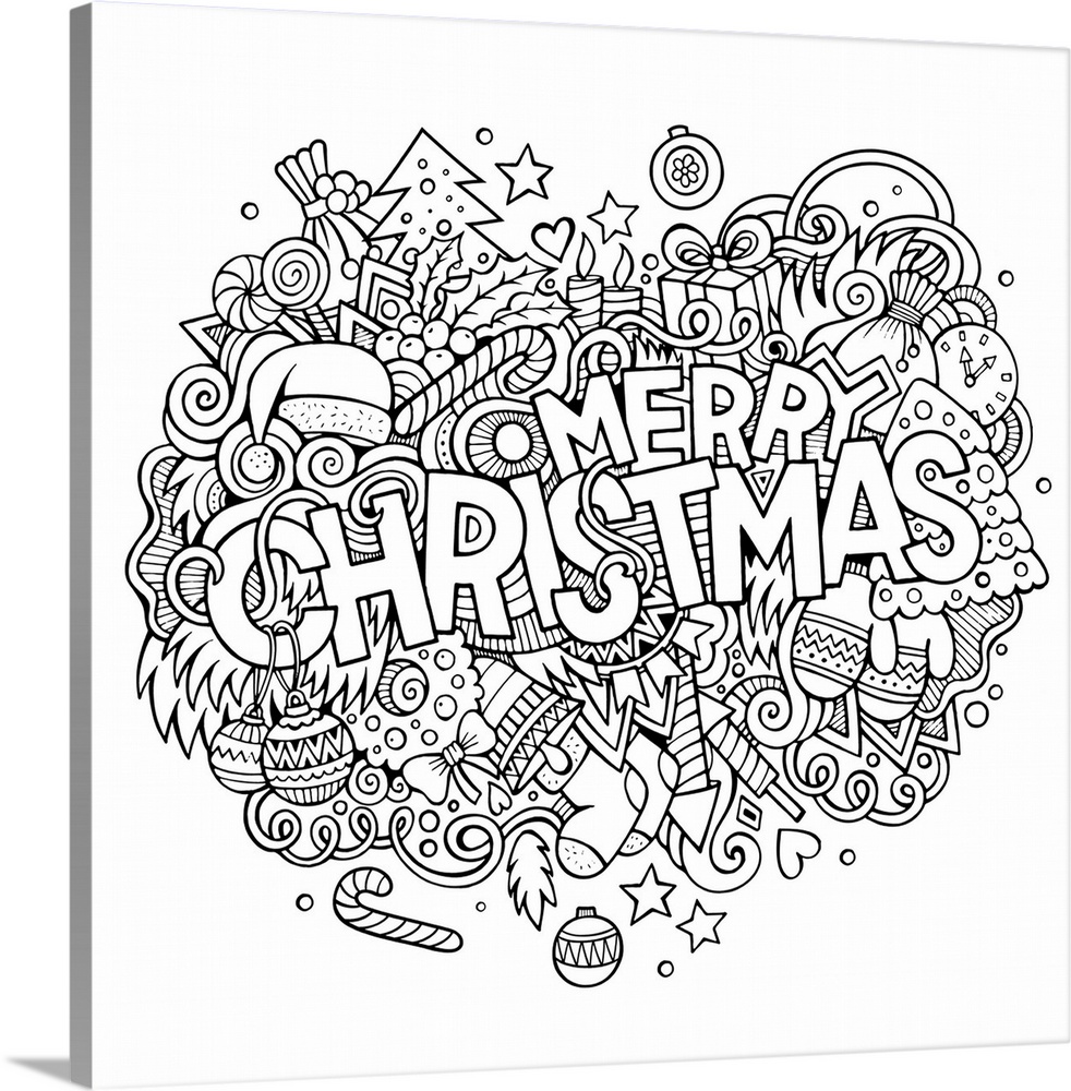 A collection of Christmas-themed doodles, including stockings and Christmas trees, surrounding the words "Merry Christmas."