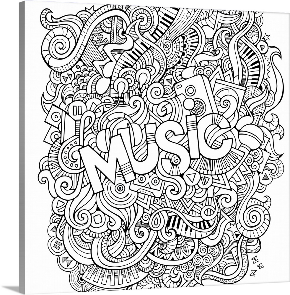 Design featuring several music-themed objects, such as music notes and piano keys, swirling around the word "Music."
