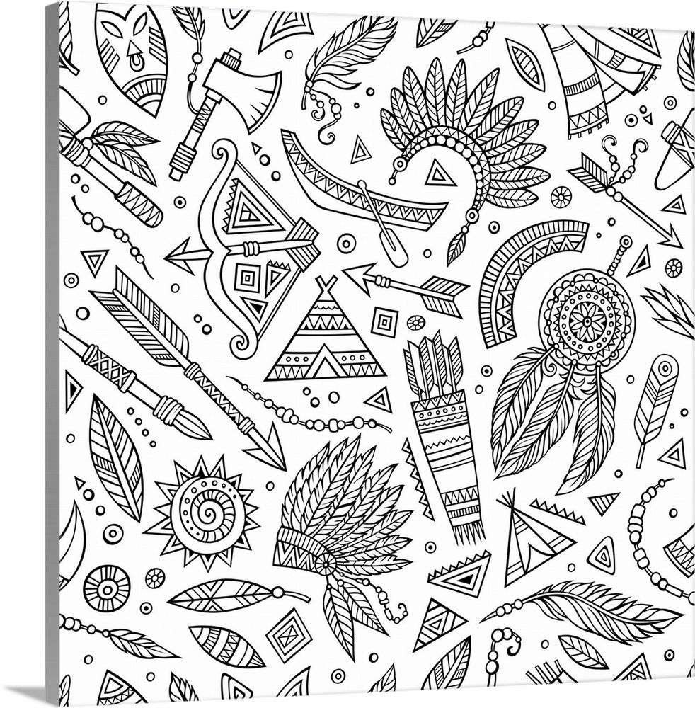 A pattern made of Native American themed items and designs. Perfect for Coloring Canvas.