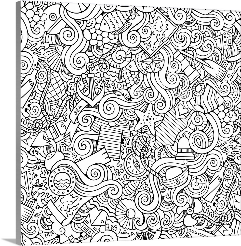A design featuring nautical elements, anchors and fish, mixed in with swirling waves. Perfect for Coloring Canvas.
