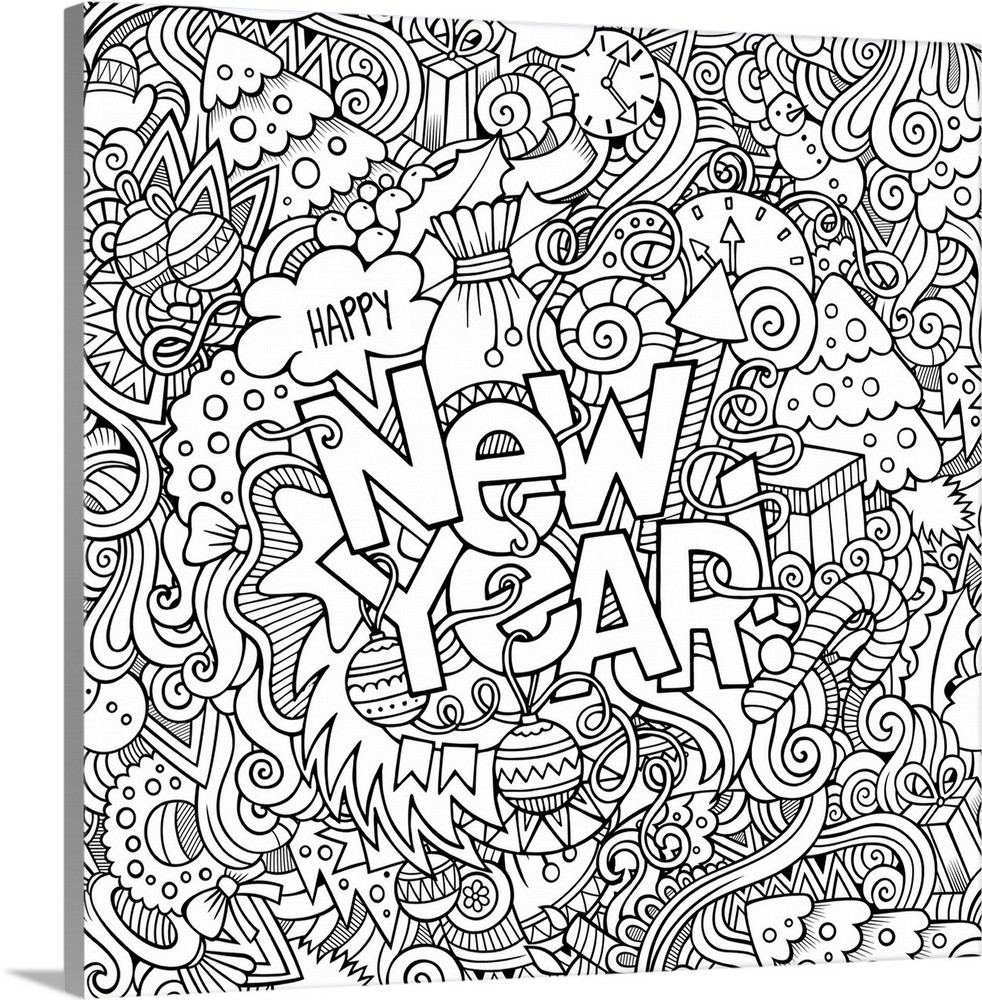 An assortment of New Year's and holiday themed objects such as confetti and streamers. Perfect for Coloring Canvas