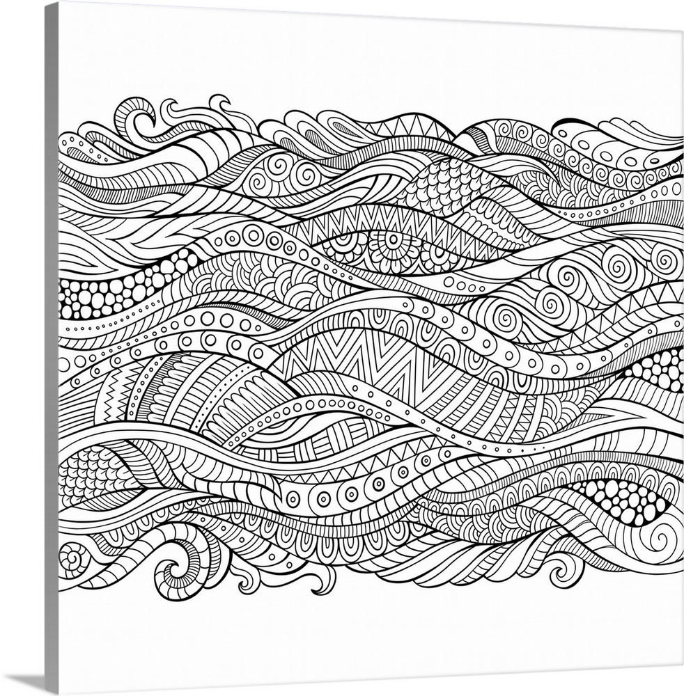 An abstract pattern of horizontal waves embellished with stripes and circles. Perfect for Coloring Canvas.