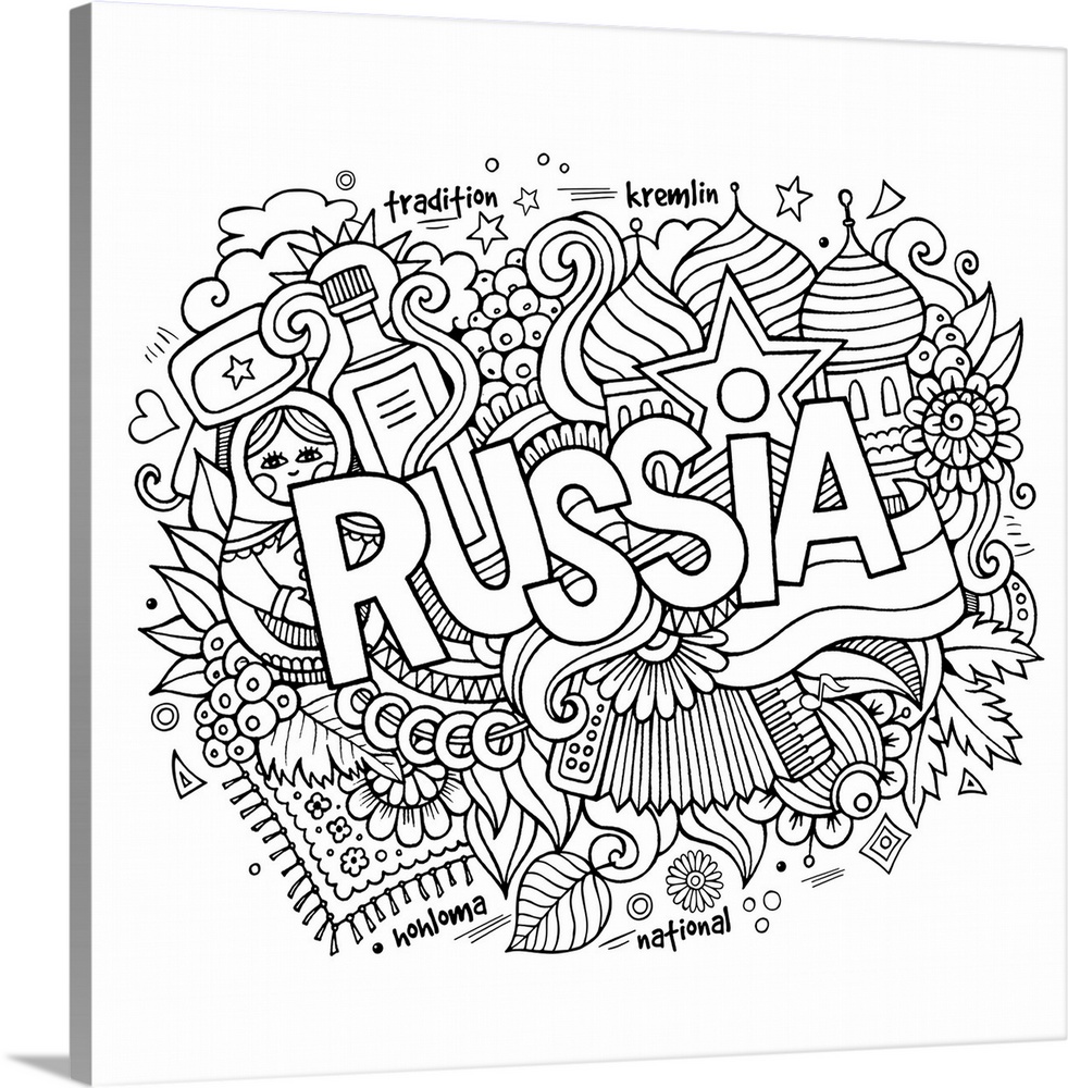 An assortment of Russian-themed items such as a Matryoshka doll and onion domes. Perfect for coloring canvas.
