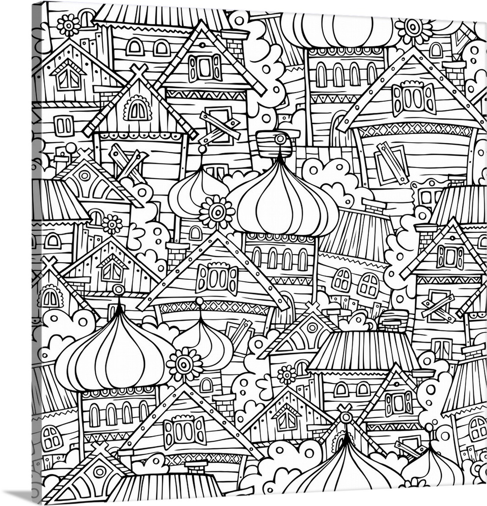 A design featuring several traditional Russian houses and towers. Perfect for coloring canvas.