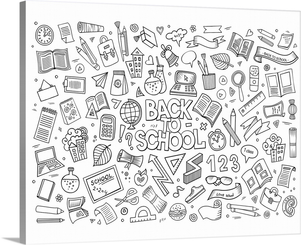 A design featuring several school supplies, such as a chalkboard and writing utensils. Perfect for Coloring Canvas.