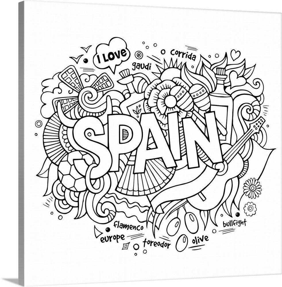 A collection of Spanish-themed objects, such as a fan and guitar, surrounding the word "Spain."