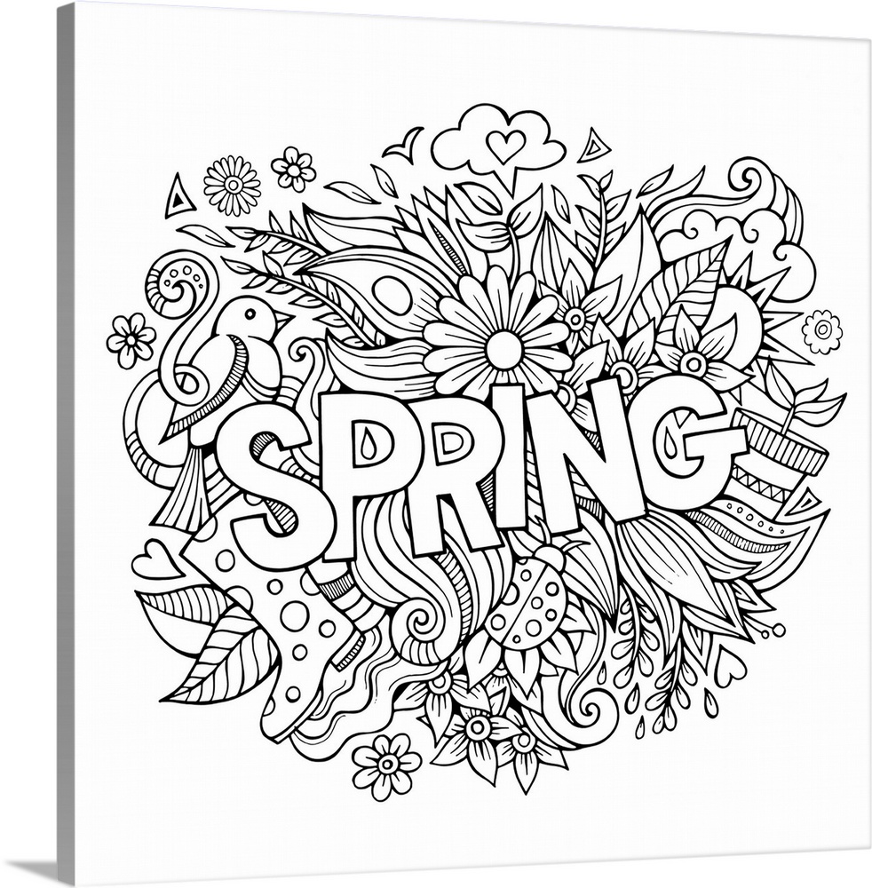 An assortment of Spring-themed items, such as flowers and birds. Perfect for Coloring Canvas.