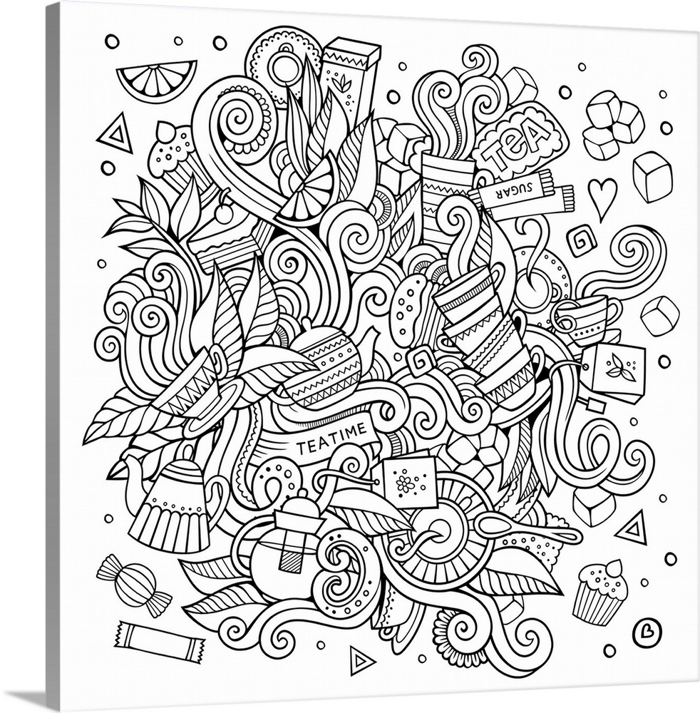 Several tea cups, bags, and kettles in a design with swirls. Perfect for Coloring Canvas.