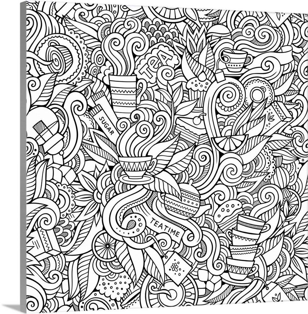 Several tea cups, bags, and kettles in a design with swirls. Perfect for Coloring Canvas.