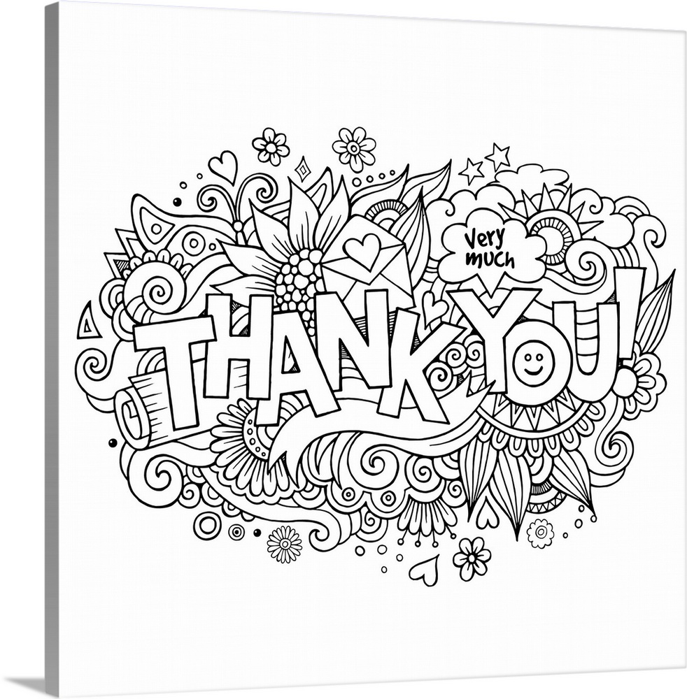 The words "Thank You" in front of flowers and swirls. Perfect for Coloring Canvas.