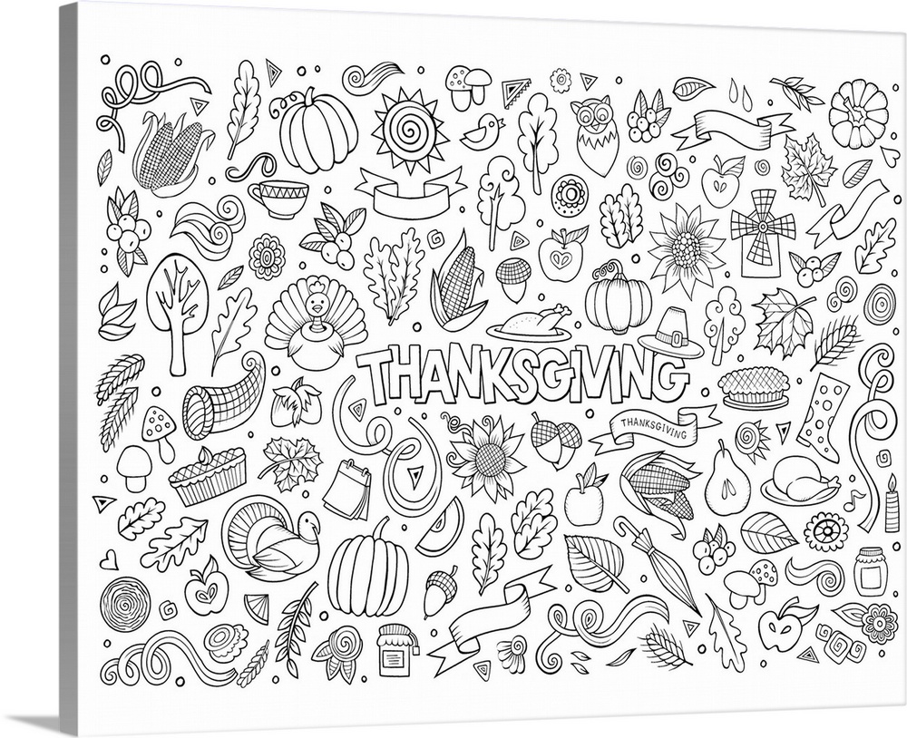 An assortment of Thanksgiving-themed items, including turkeys, pumpkins, leaves, and acorns. Perfect for Coloring Canvas.