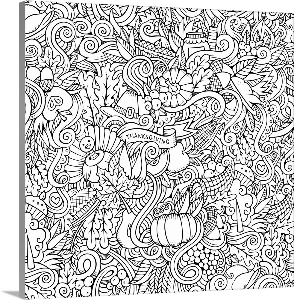 A series of Thanksgiving and harvest-themed objects, such as pumpkins, leaves, and turkeys. Perfect for Coloring Canvas.
