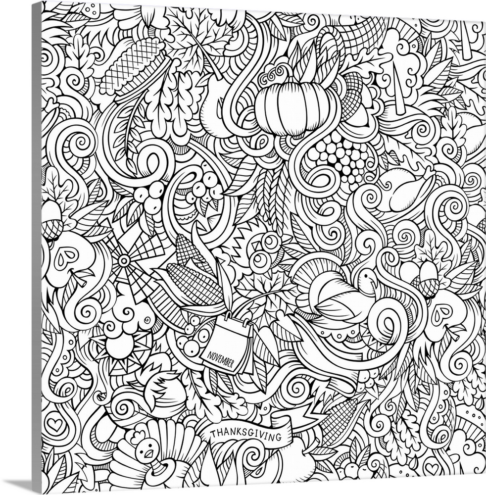 A series of Thanksgiving and harvest-themed objects, such as pumpkins, leaves, and turkeys. Perfect for Coloring Canvas.