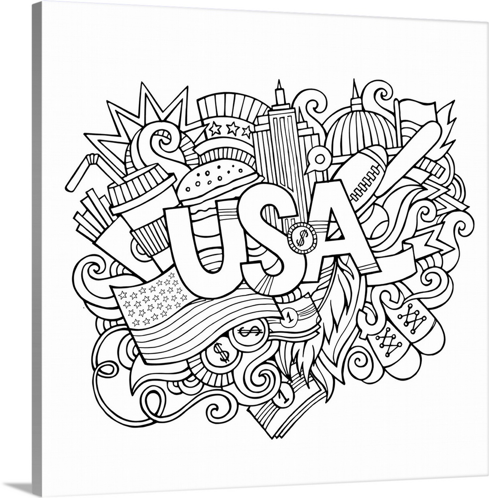 An assortment of United States-themed objects such as the American Flag and skyscrapers. Perfect for Coloring Canvas.