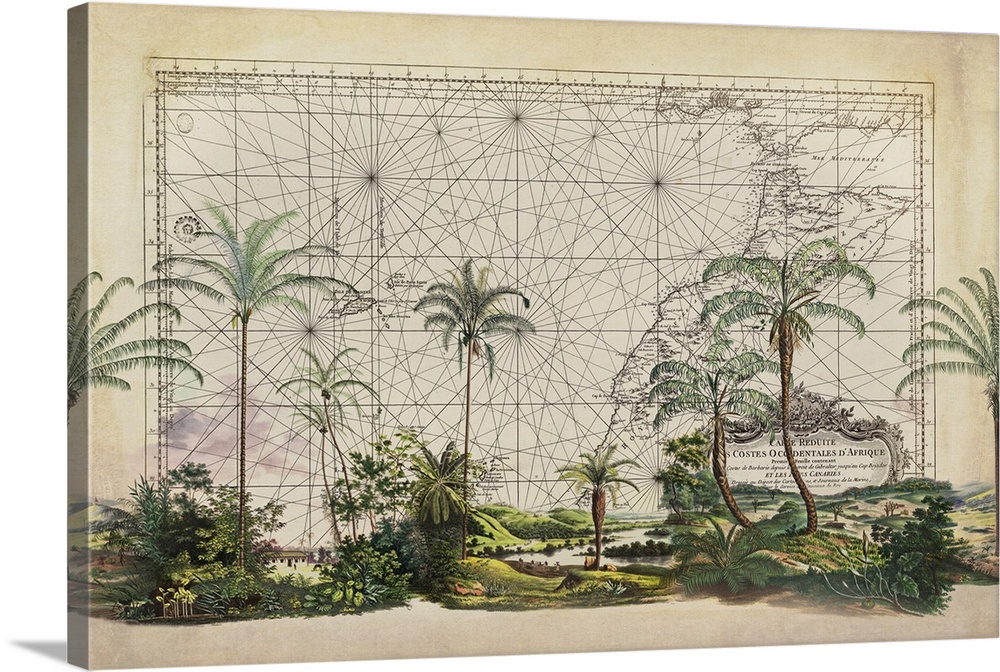 Vintage style mixed media art with old map and tropical vegetation.