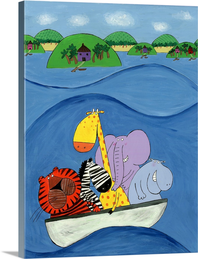 Jungle animals in a boat. Illustrated wall art by artist Carla Daly.