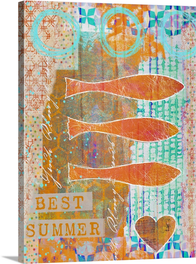 Colorful mixed media art with fish and a detailed background.