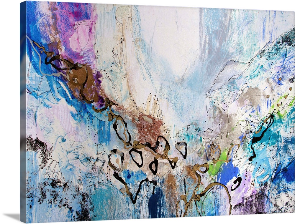 Contemporary abstract art, originally in acrylic, ink, and watercolor, of blue and purple splatters with black swirls.