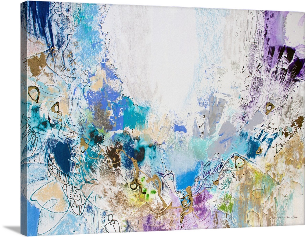 Contemporary abstract art, originally in acrylic, ink, and watercolor, of blue and purple splatters with black swirls.