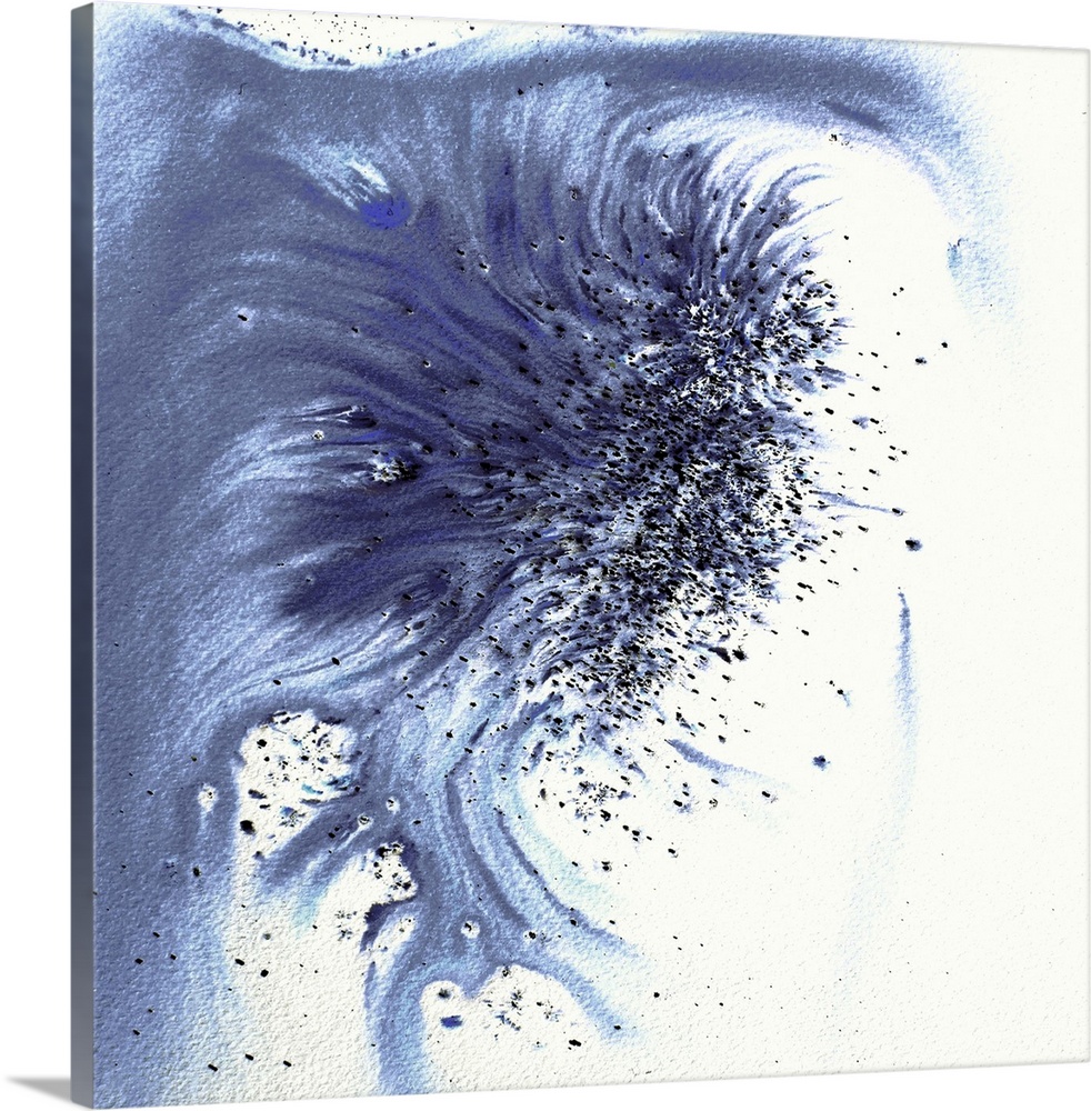 Abstract artwork in blue splashes and drips and flowing paint.