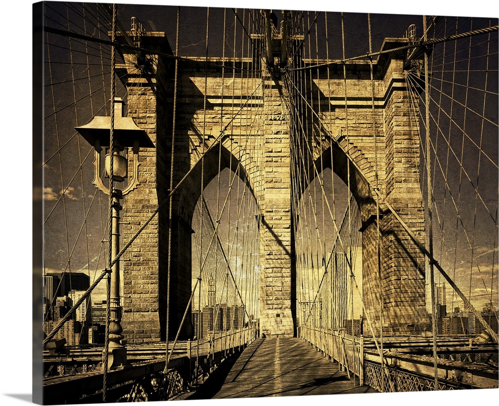 Distressed photograph of the Brooklyn Bridge arches and suspension cables.