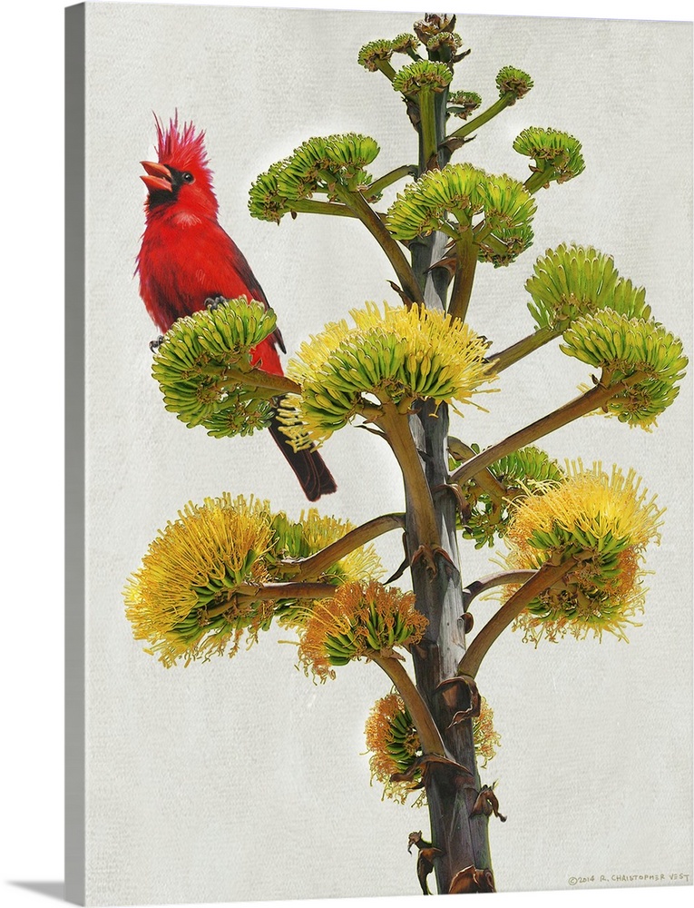 Contemporary artwork of a cardinal perched on a tree branch.