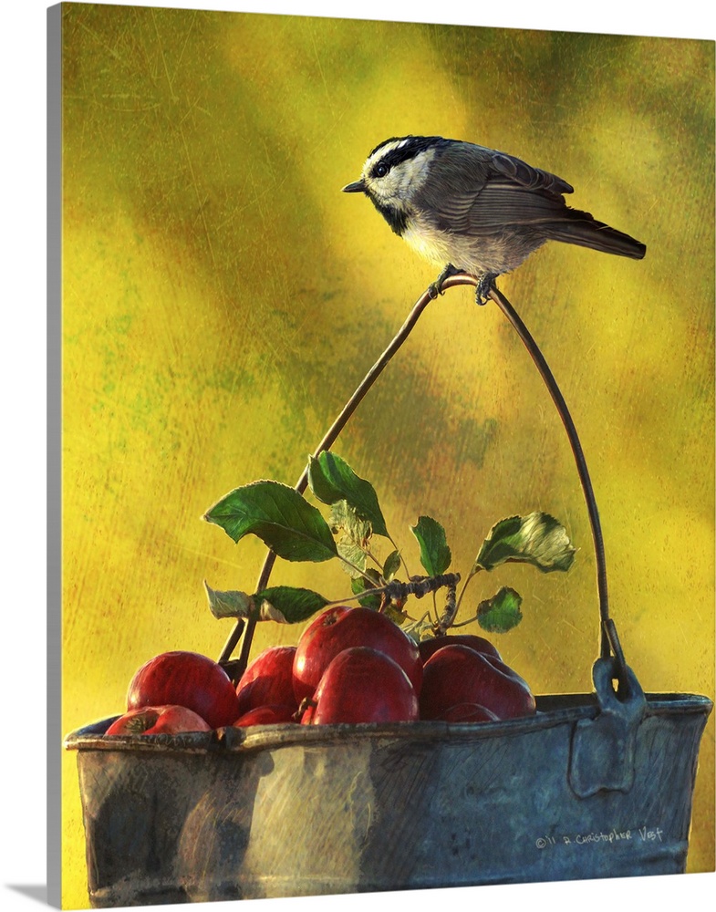 Contemporary artwork of a chickadee perched on the handle of a bucket holding apples.