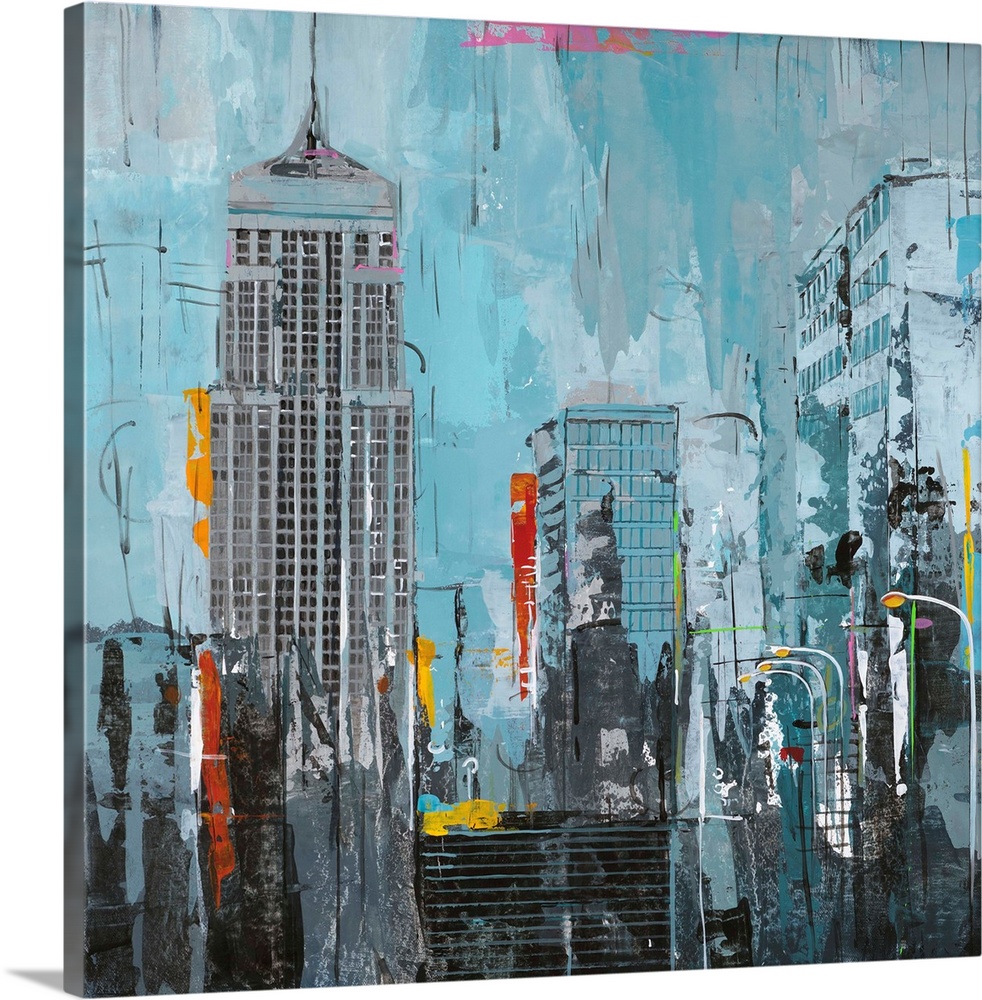 Contemporary artwork of New York skyscrapers with pops of bright contrasting colors.
