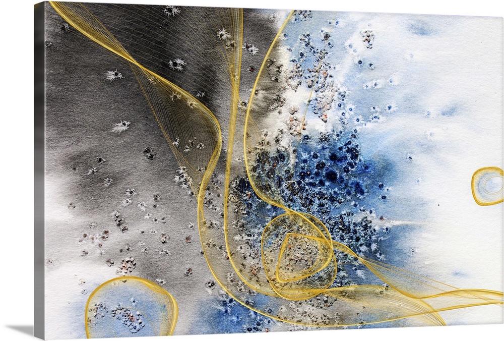 Abstract artwork resembling bubbles and waves underwater with golden stands.