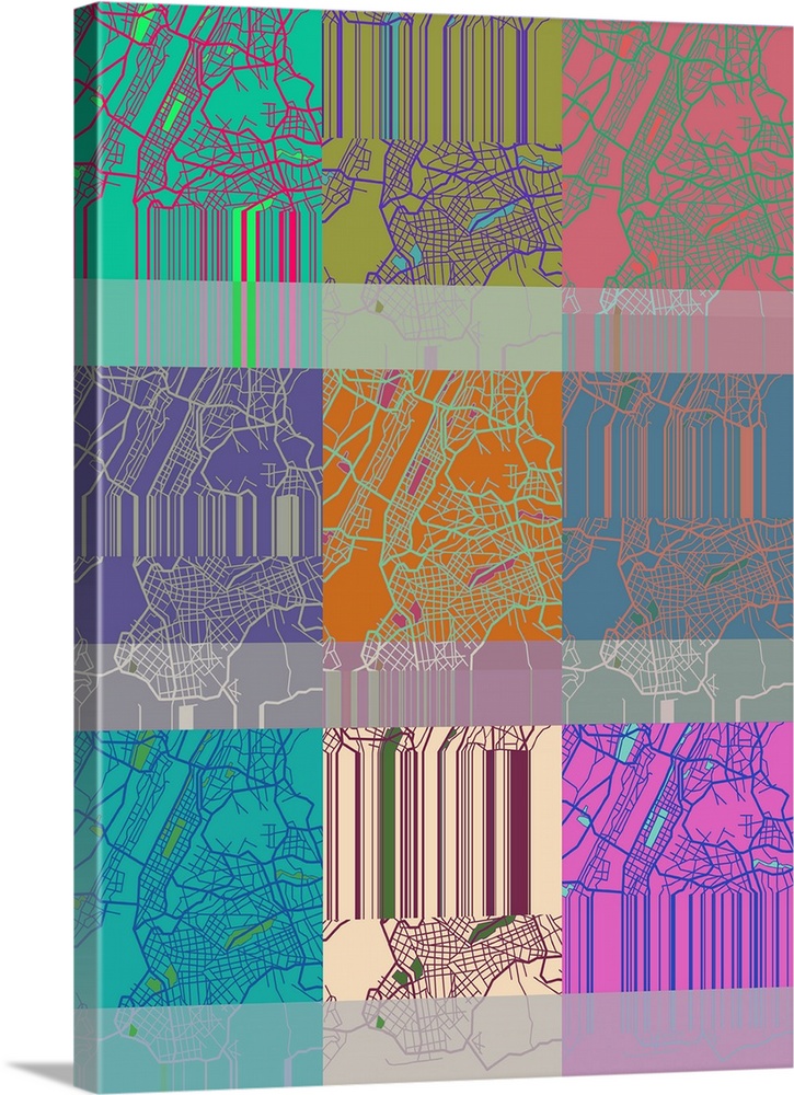 9-up of neon colored street maps of New York City with altered lines and glitches.