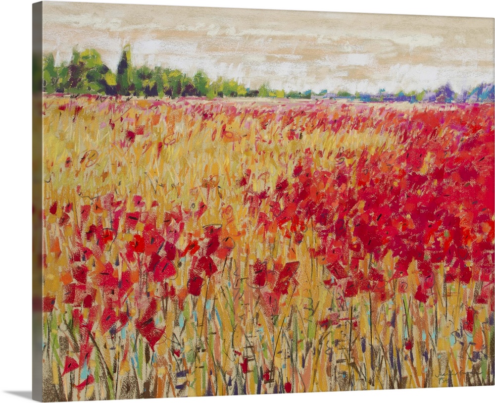 Contemporary landscape painting of a field of bright red poppies and contrasting yellow corn in the French countryside.