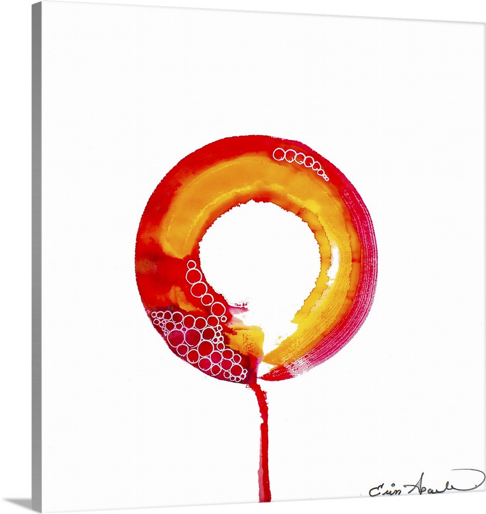 Ripples of shadow emanate from a bright red and yellow orange enso or circle. One lone drip escapes the page.