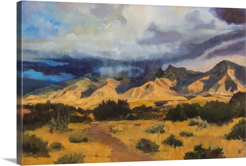 Contemporary painting of an idyllic desert landscape with dark clouds hovering overhead.