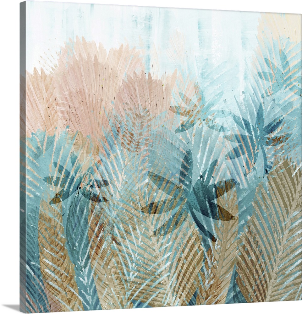 Turquoise and dusty pink abstract palm leaves painting.