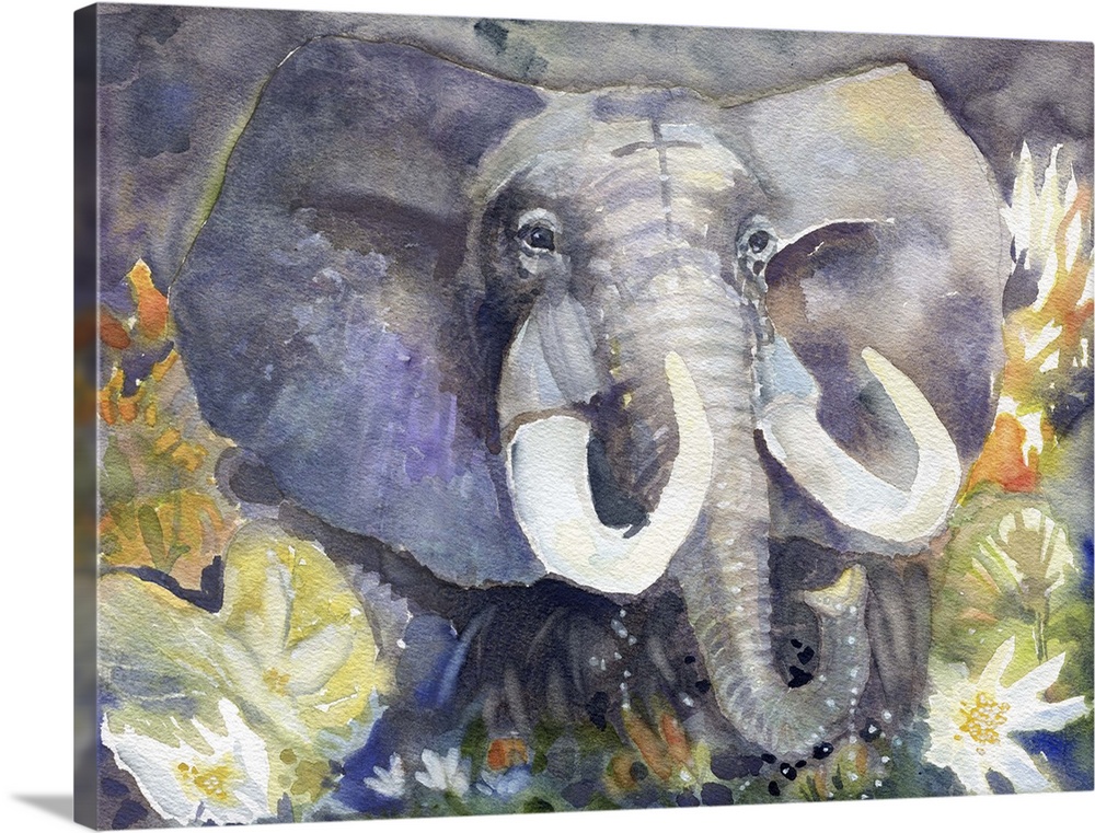 Artwork of an African Elephant with large tusks surrounded by lotus flowers.